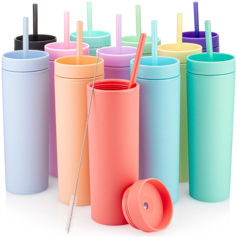 STRATA CUPS Multicolor Skinny Tumblers with Lids and Straws (12 pack) - 16oz Double Wall Acrylic Tumbler, Tall Matte Skinny Tumblers, Bulk with Free Straw Cleaner, Reusable Cups - Image 1